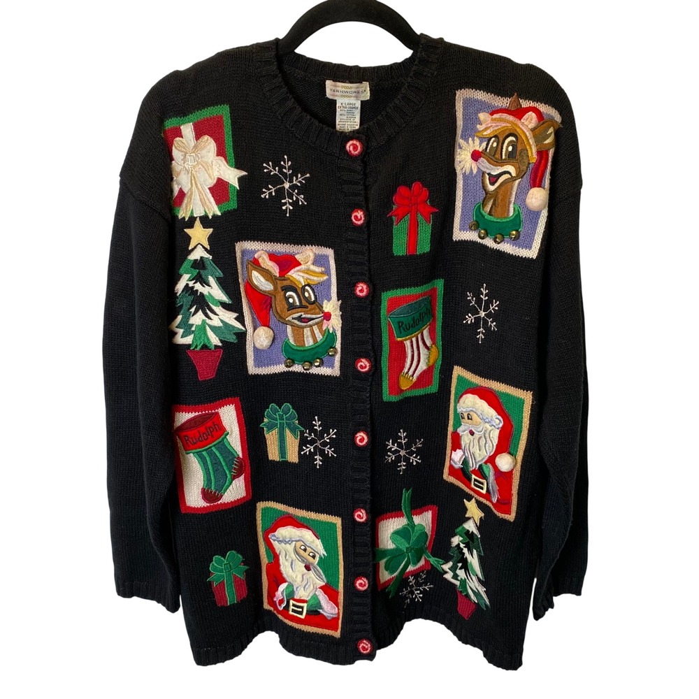 Yarnworks Christmas Cardigan Women XL Black Rudolph Santa Ugly Holiday Sweater